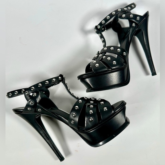 Yves Saint Laurent Black Leather Classic Tribute Studded T-strap Platform Sandal - Picture 15 of 16